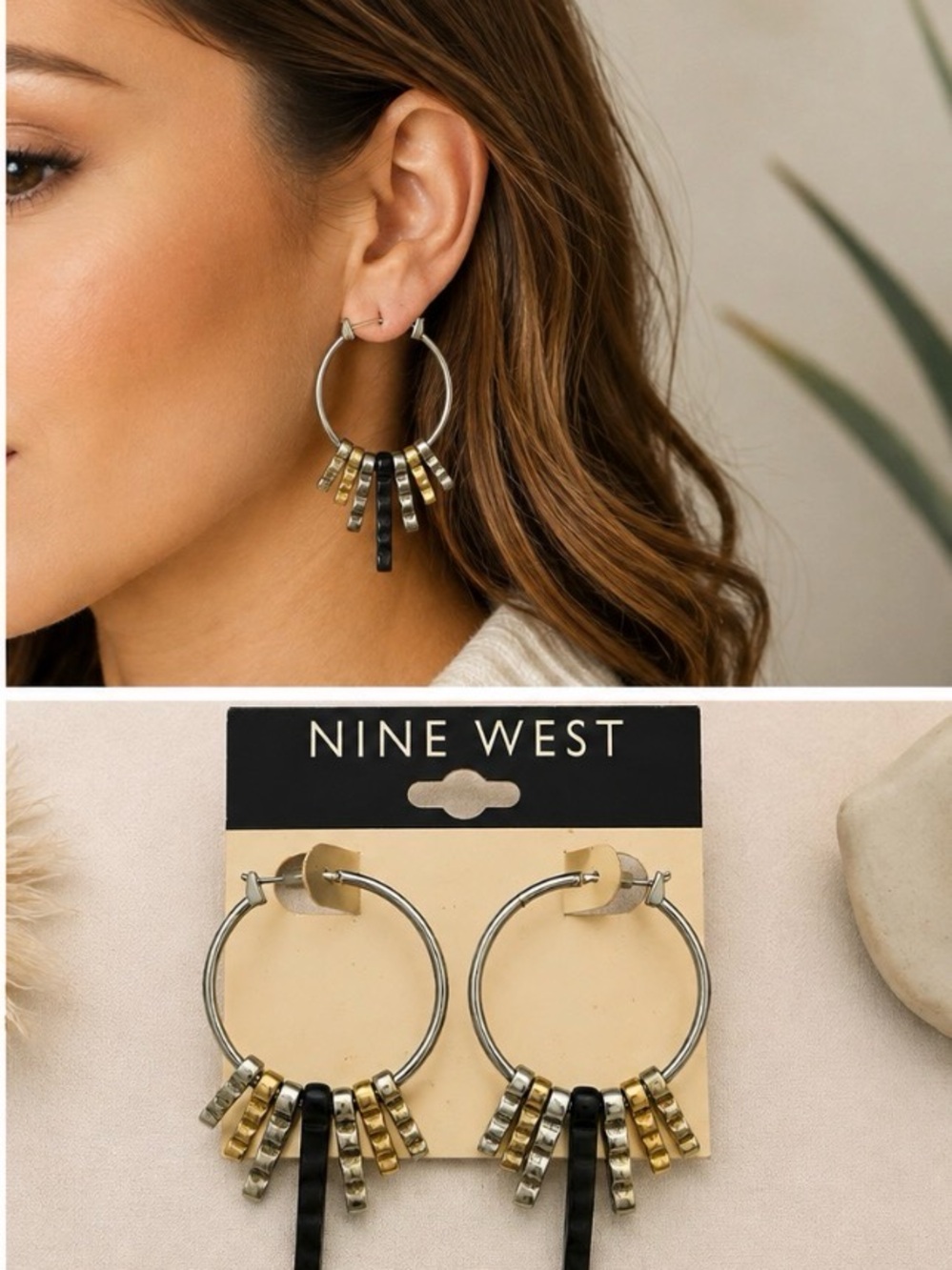 Nine West Two-Tone Hoop Drop Earrings in Gold & Black
